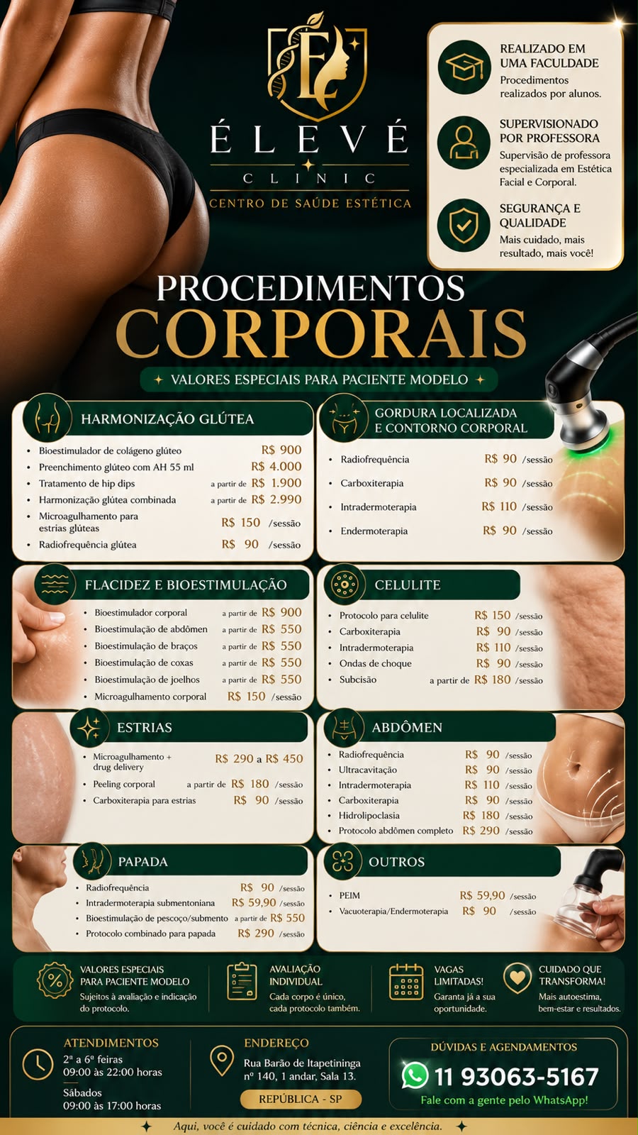 Tabela completa de procedimentos corporais com valores para paciente-modelo