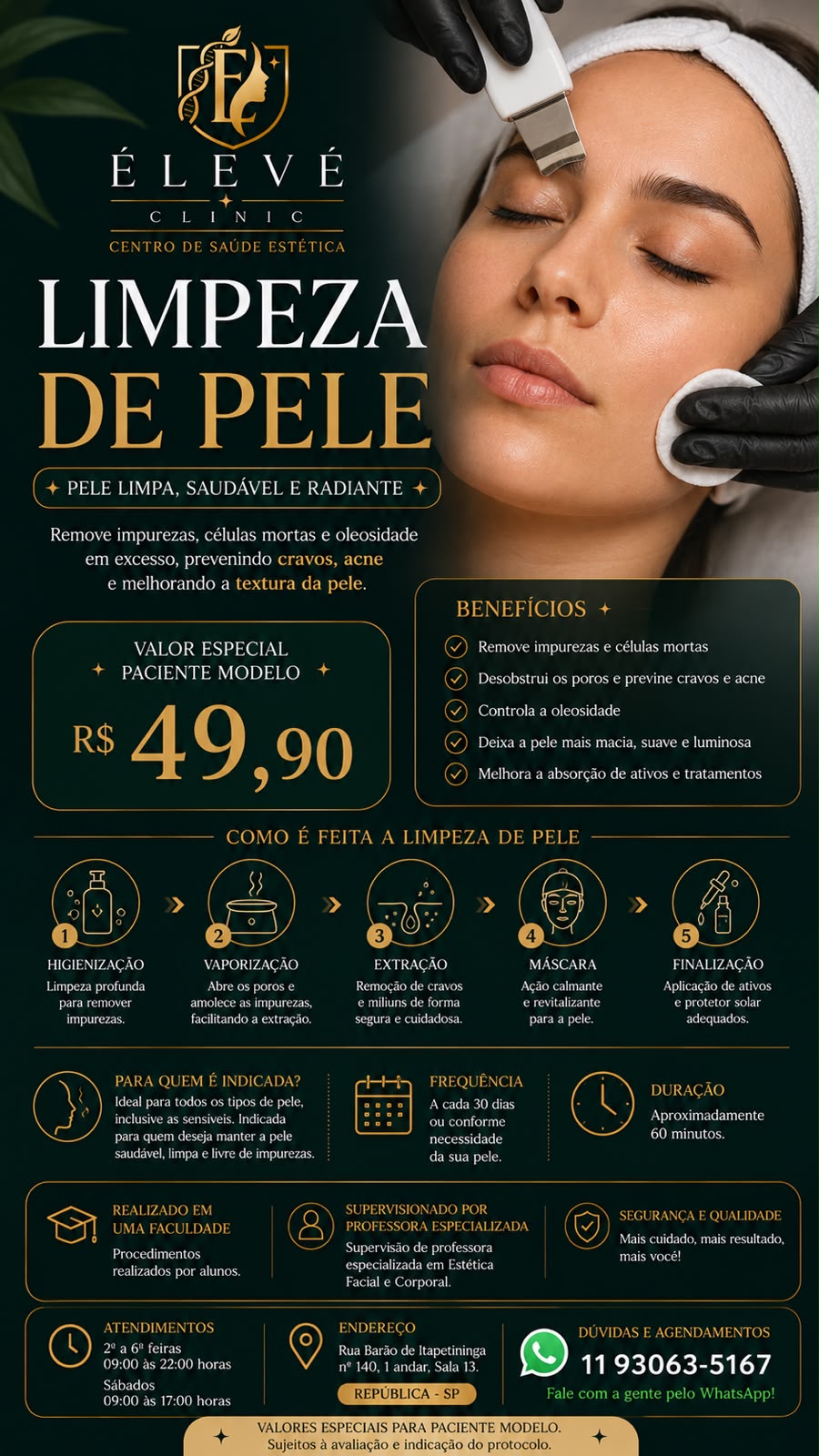 Tabela de valores para paciente-modelo de limpeza de pele